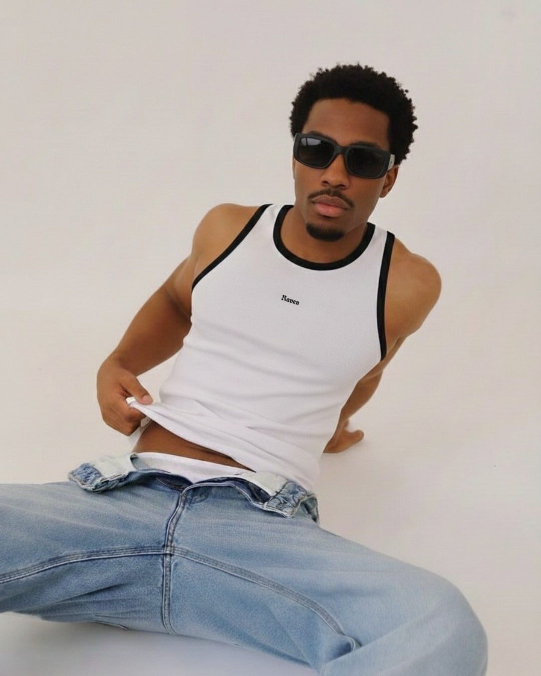 RAVEN, WHITE TANK TOP WITH BLACK TRIM